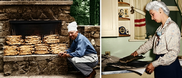 Lewis and Kathleen preparing trout.